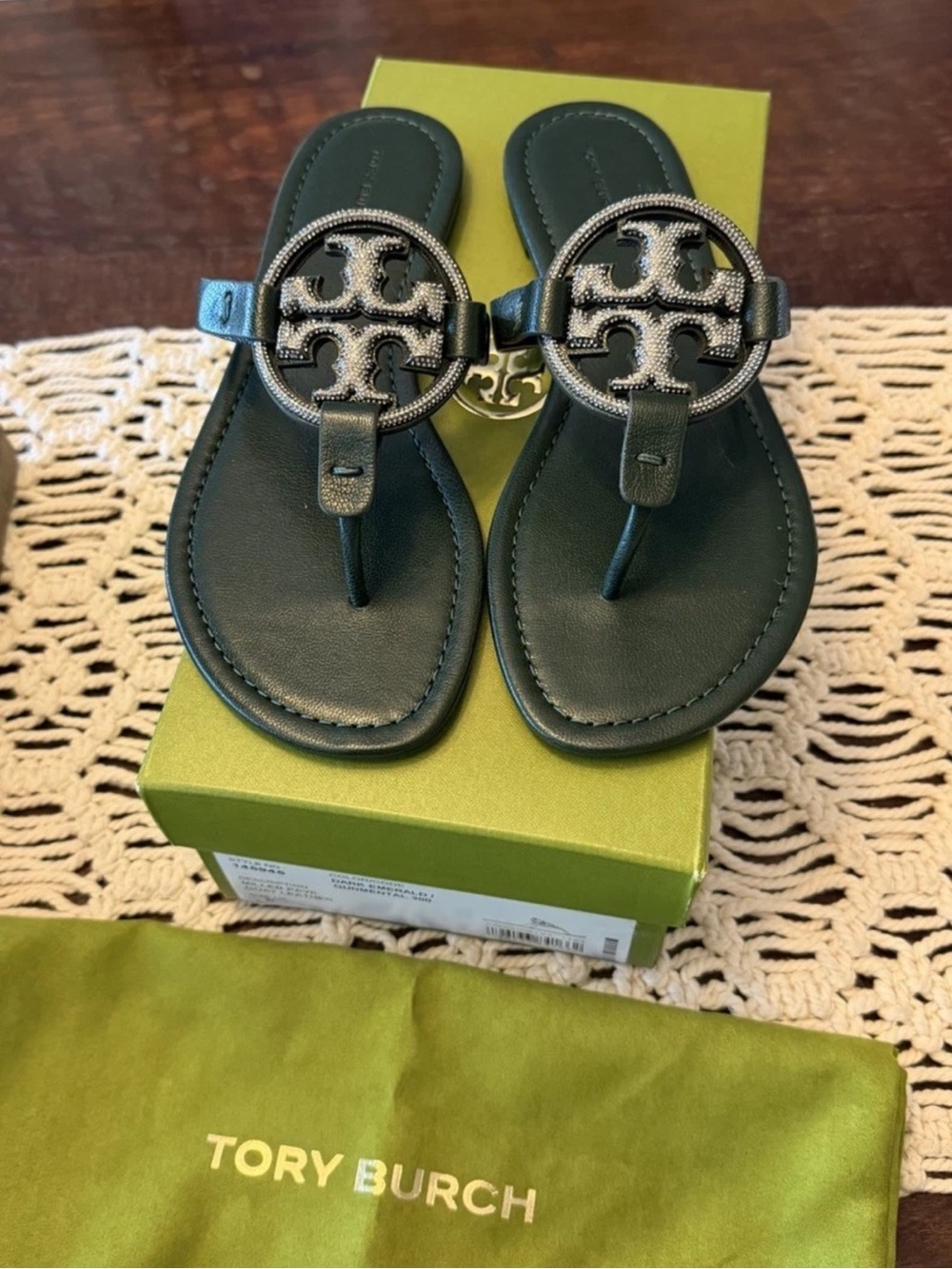 Tory Burch Miller Pave Sandals - Dark Emerald/Gunmetal - Size 8 - New In Box